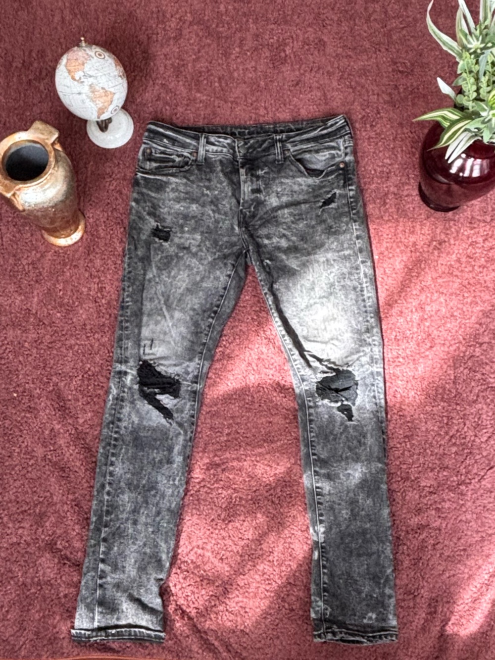 American Eagle Outfitters Mens Washed Black Ripped Skinny Jeans